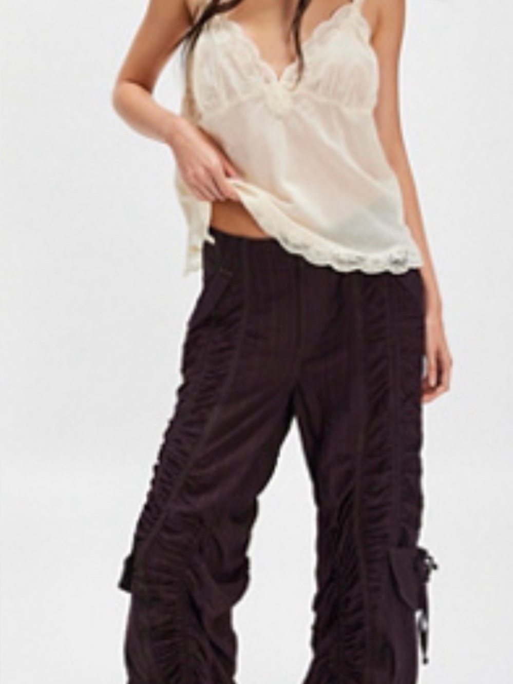 Free People We The Free Ruched Cargo Pants in unique black coffee color.
